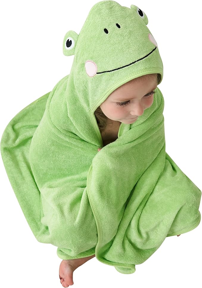 HIPHOP PANDA Hooded Towel - Rayon Made from Bamboo, Bath Towel with Bear Ears for Newborn, Babie, Toddler, Infant - Absorbent Large Baby Towel - Frog, 30 x 40 Inch