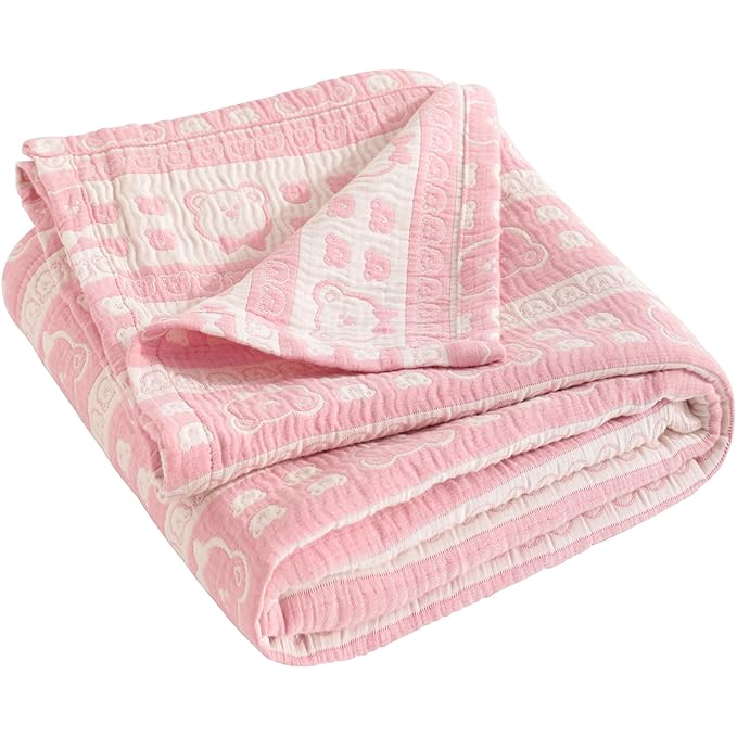 NTBAY 3 Layer Oversized Muslin Cotton Toddler Blanket, Jacquard Reversible Nursery Bed Blanket, Super Soft and Thermal for All Seasons, Baby Gift, 45"x60", Pink Bear