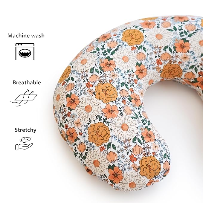 Konssy 2 Pack Nursing Pillow Covers, Stretchy and Soft Nursing Cover for Breastfeeding, Pillow Slipcover for Baby Girls Boys Newborn (Beige, Floral)