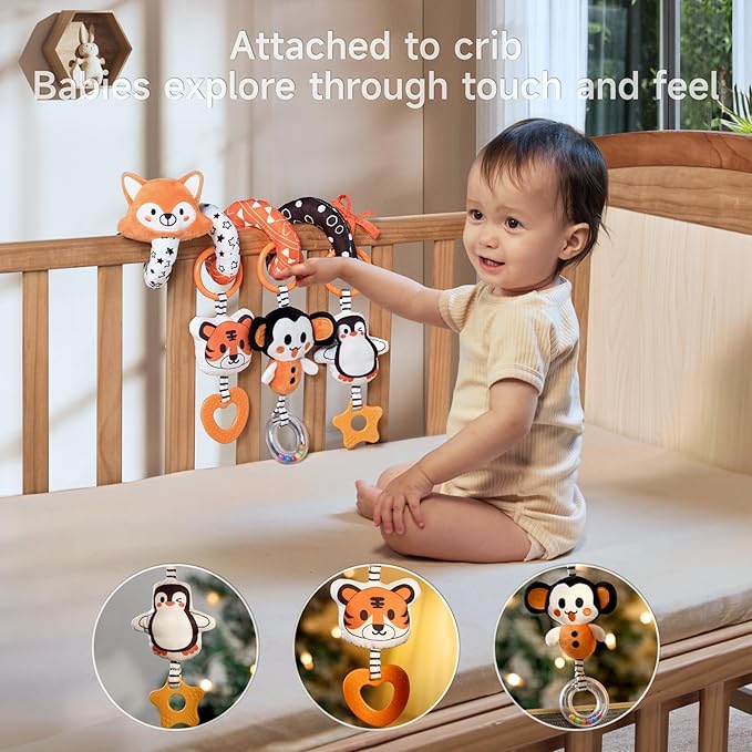 TUMAMA Baby Car Seat Toys, Black and White High Contrast Newborn Infant Hanging Toys, Crib Stroller Spiral Wrap Toys with 3 PCS Animal Rattles, Sensory Toys for 0-12 Months