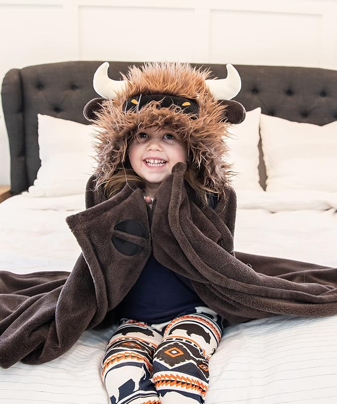 Lazy One Wearable Hooded Blanket for Kids, Animal Hooded Blanket (Buffalo)