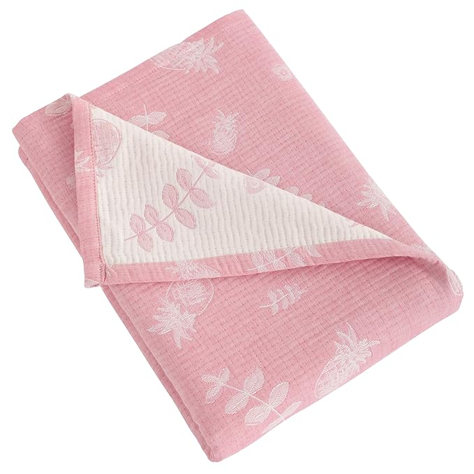 NTBAY 3 Layer Toddler Blanket, Muslin Cotton Jacquard Bed Blankets, Lightweight Thermal Baby Blanket, Super Soft and Warm Crib Blanket for All Seasons, Decoration Gift, 30"x40", Pink Pineapple