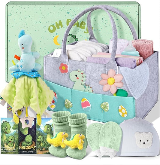 Coralogo Baby Shower Gift Basket - Baby Gift Set with Practical Diaper Caddy, Gifts for New Mom, Gender Reveal Gifts, New Born Essential Include Security Blanket Hat Bib Socks Mittens, Boy