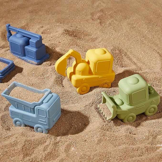 Mold-Free Baby Bath Toys, 4 Pack Silicone Bath Toys - Truck & Construction Toys | Soft, Squeezable & Float on Water | Easy-Grip Bath Toy Toddler 2-4 | Bathtub Water Pool Sand Toys for Baby Gifts