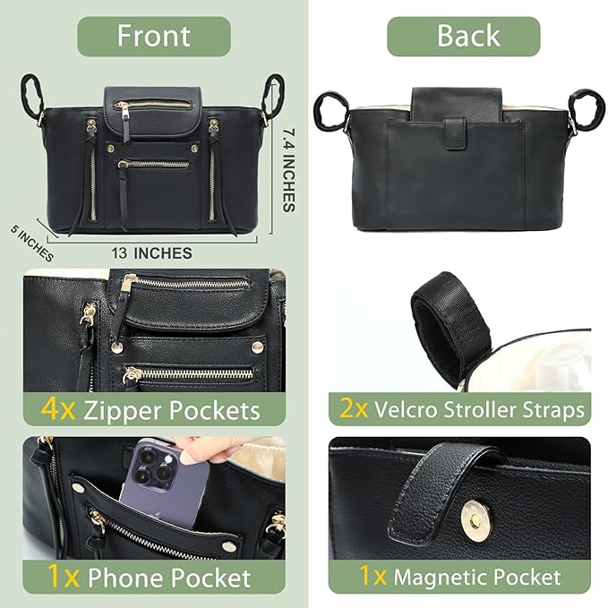 miss fong Stroller Organizer with Insulated Cup Holder Stroller Caddy Stroller Accessory BagStroller Diaper Bag Stroller Storage Stroller Bag with Adjustable Strap to Fit All Strollers (Black)