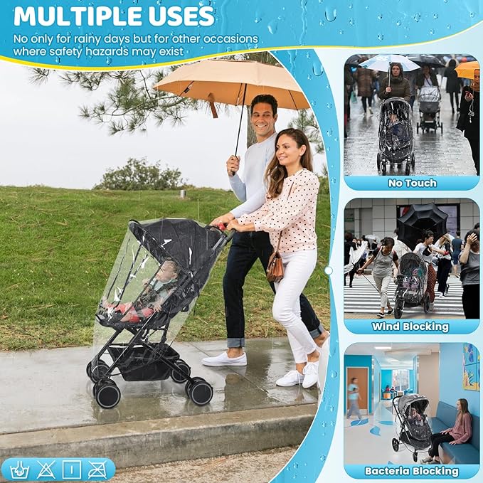 Universal Clear Stroller Rain Cover, No-zip Waterproof Stroller Cover - Food Grade EVA, Baby Travel Weather Shield, Breathable Rain Cover for Most Single Strollers, Joggers Accessories for Rain, Black
