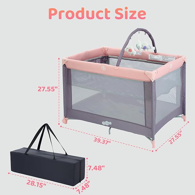 Pamo Babe Portable Playard with Mat Pad and Toy Bar Pink Play Yard for Baby