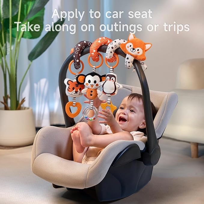TUMAMA Baby Car Seat Toys, Black and White High Contrast Newborn Infant Hanging Toys, Crib Stroller Spiral Wrap Toys with 3 PCS Animal Rattles, Sensory Toys for 0-12 Months