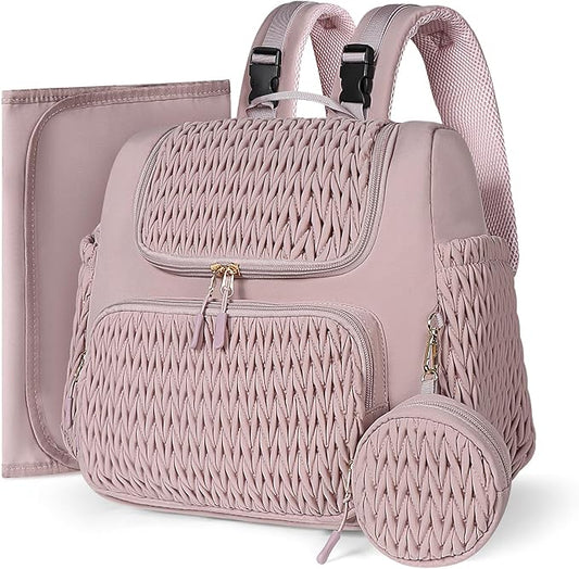 Geestock Diaper Bag Small Diaper Backpack, Stylish Quilted Baby Backpacks, Mini Maternity Bags, with Changing Pad, Pacifier Case & Stroller Straps, Parents Essentials Diaper Bag, Pink