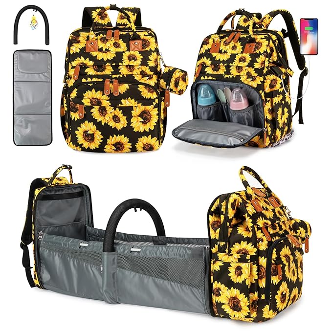 KABAQOO Diaper Bag Backpack with Detachable Changing Station, Large Capacity Baby Diaper Bags for Boys & Girls, Baby Registry Search Stuff & Shower Gifts, Newborn Essentials Must Haves, Sunflower