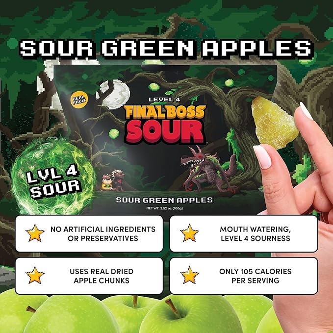 Final Boss Sour Candy, Green Apple, 1 Pack, Level 4, Extreme Sour Fruit Chews with Real Dried Fruit, No Artificial Colors or Flavors, Low Calorie Snack for Kids, Teens, Adults, Lunch Boxes & On The Go