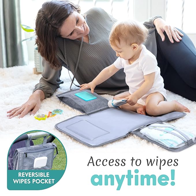 Kopi Baby Portable Diaper Changing Pad - Baby Diaper Changer Travel Bag with Wipes Pocket, Smart Design Portable Changing Mat, Infant Travel Station Kit, Gift for Newborn Girl & Boy - Grey, Modern