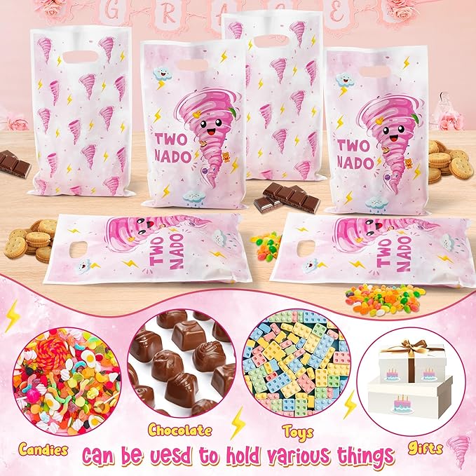 Two Nado Party Favor Bags - 50Pcs Pink Tornado Patterns Goody Candy Treat Gifts Bags, Cute Two Nado Themed Kid Party Decorations for Baby Girls Boys 2nd Birthday Baby Shower Supplies