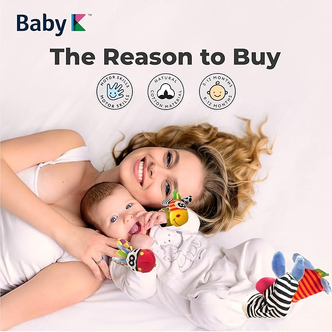 BABY K Foot Finder Socks & Wrist Rattles (Set H) - Newborn Toys for Baby Boy or Girl - Brain Development Infant Toys - Hand and Foot Rattles Suitable for 0-3, 3-6, 6-12 Months Babies