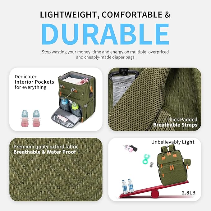 KABAQOO Diaper Bag Backpack with Detachable Changing Station, Large Capacity Baby Diaper Bags for Boys & Girls, Baby Registry Search Stuff & Shower Gifts, Newborn Essentials Must Haves, Army Green