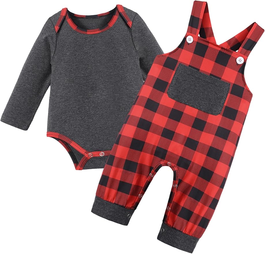Baby Boy Clothes Long Sleeve Animal Plaid Romper + Overalls Infant Boy Clothes 2PCS Fall Winter Outfits