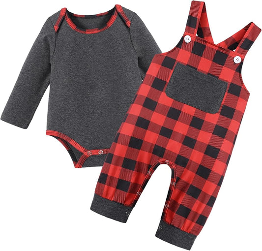Baby Boy Clothes Long Sleeve Animal Plaid Romper + Overalls Infant Boy Clothes 2PCS Fall Winter Outfits
