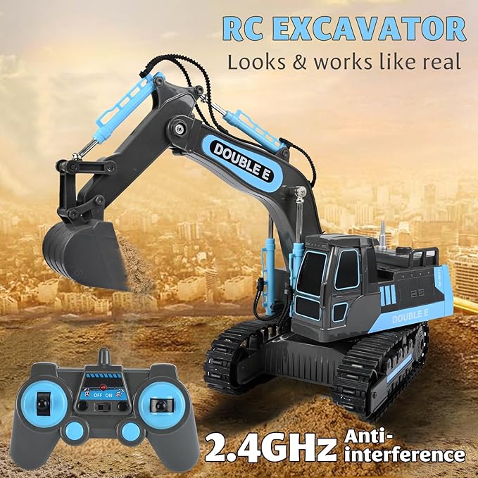 DOUBLE E Remote Control Excavator Toy RC Excavators Rechargeable Battery Digger Hydraulic Construction Toys Vehicles Xmas Gift for Boys Girls Kids 3-14 Years,Gray-Blue
