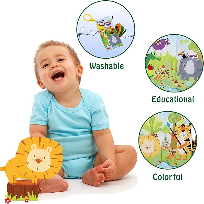 Jungle Baby Stroller Toys,Baby Books 0-6 Months,Touch and Feel Crinkle Cloth Books for Babies Infant Newborn Toys 0-3-6-12-18 Months, Interactive,Shower Gifts for Boys Girls
