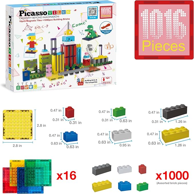 PicassoTiles 1016pcs Magnetic Tile & Building Brick Combo Construction STEM Toy Magnet Tiles for Creative Play Educational Toys for 3+ Large Bricks for Toddlers Compatible with Major Brands PTS1016