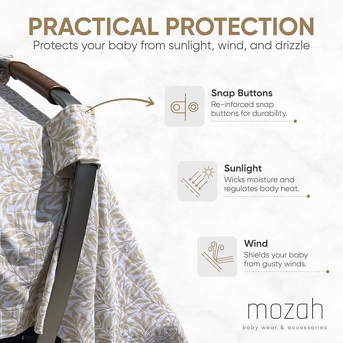 MOZAH Baby Car Seat Cover - Beige Leaves - 100% Organic Muslin - Soft, Breathable and Lightweight, Baby Infant Car Seat Essentials
