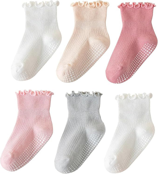6 Pairs Toddler Ruffle Socks for Girls - Baby Grip Socks with Non-Slip, Cute Grippy Frilly Design