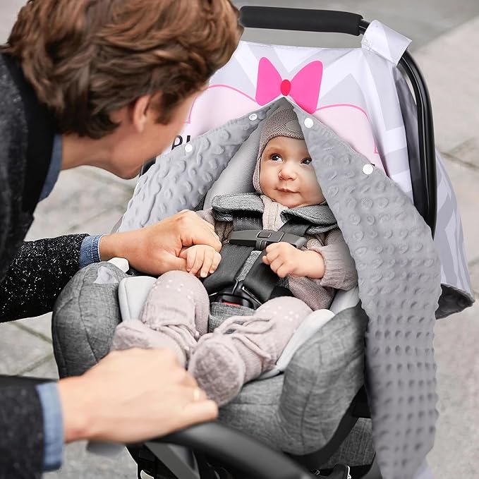 Metplus 2 in 1 Baby Car Seat Cover, Car Seat Canopy for Babies, Mom Nursing Cover, Minky Baby Carrier Covers, Newborn Boy Girl Shower Gift, Peekaboo Opening & No Touch Sign, Grey Stripes