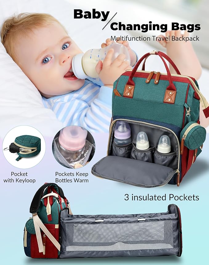 Diaper Bag with Changing Station, Waterproof 3 in 1 Diaper Backpack with Foldable Changing Pad, Baby Registry Search &Baby Shower Gifts - Newborn Essentials, Red-Green-Blue