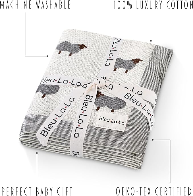 Luxury Cotton Knit Swaddle Baby Blanket - Soft Cozy Lightweight Unisex Receiving Swaddler Stroller Quilt Blanket for Shower Gift Registry for Newborns Infants Toddlers (Sheep - Ivory)