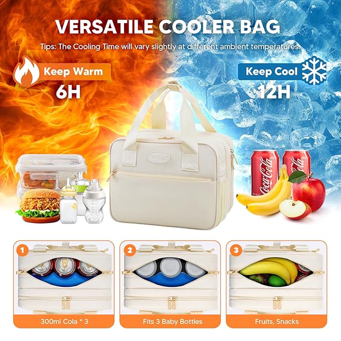 PIIOSER Breastmilk Cooler Bag with Ice Pack, Compatible with Wearable Breast Pumps & Accessories - Portable Pumps Carrying Case for Nursing & Working Moms, Cream