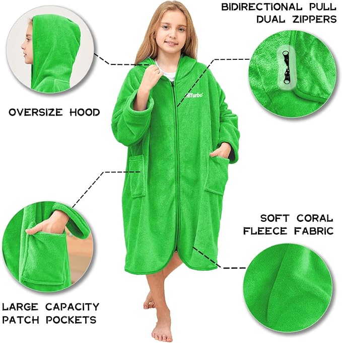 Hiturbo Kids Bath Towel Hoodie: Soft Plush Zipper Surf Poncho - Warm Fleece Changing Towels Swimming Outerwear (Green)