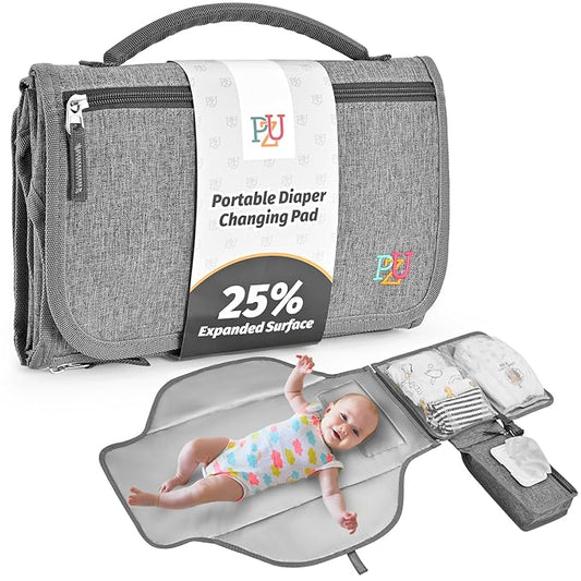 PZU Portable Diaper Changing Pad - Changing Pad Portable with Wipes Pocket, Waterproof Diaper Changing Mat, Portable Changing Pad for Baby, Newborn Gift(Grey)