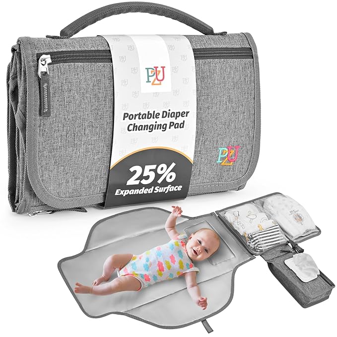 PZU Portable Diaper Changing Pad - Changing Pad Portable with Wipes Pocket, Waterproof Diaper Changing Mat, Portable Changing Pad for Baby, Newborn Gift(Grey)