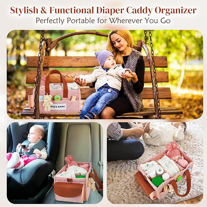 SMILEY BABY Nappy Caddy Organizer, Newborn Essentials & Car Diaper Caddy, Portable Nursery Storage Basket with Detachable Compartments, Baby Shower Gifts and Registry Must Haves for Boy or Girl