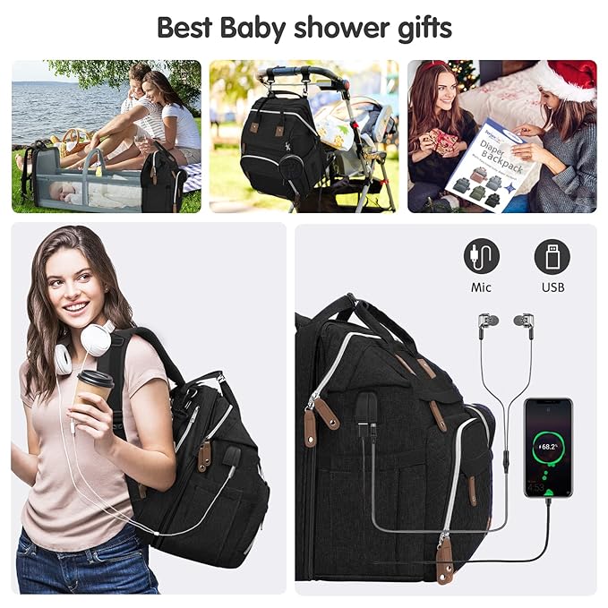 DERJUNSTAR Baby Diaper Bag Backpack, Diaper Changing Station, Baby Bags for Boys Girls,Waterproof Changing Pad,USB Charging Port,Pacifier Case, Sunshade and Toy Bar,