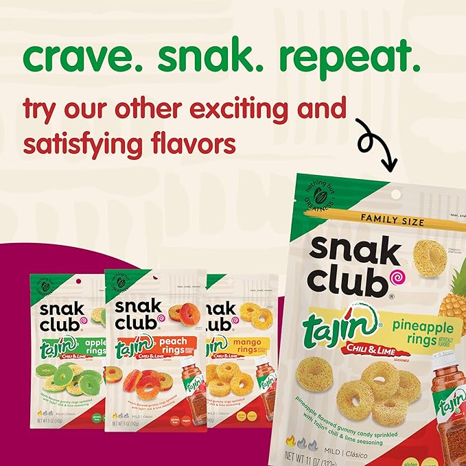 Snak Club Tajin Watermelon Rings Gummy Candy, Fruit Candy Gummies with Chili and Lime Seasoning, Mild, Gluten-Free and Vegan Snacks, 24 oz Resealable Bag