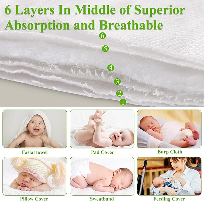 6 Ply Cloth Diapers Burp Cloth, Fasoar Thick Washable Absorbent Cotton Diaper for Babies and Toddlers Multi-Use 6/10/12 Count