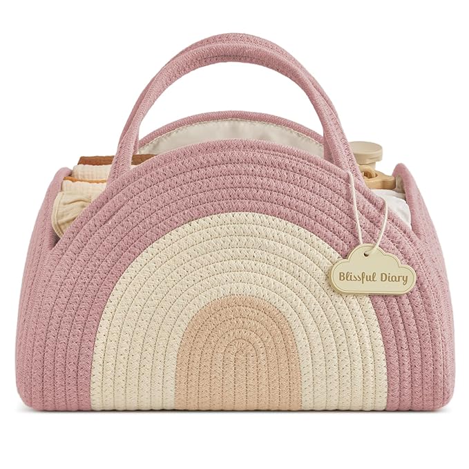 Blissful Diary Baby Diaper Caddy Organizer, Cotton Rope Diaper Caddy Basket, Large Storage Basket for Newborn Boys and Girls, Gift for Baby Shower List, Newborn Essentials, Blush Rainbow