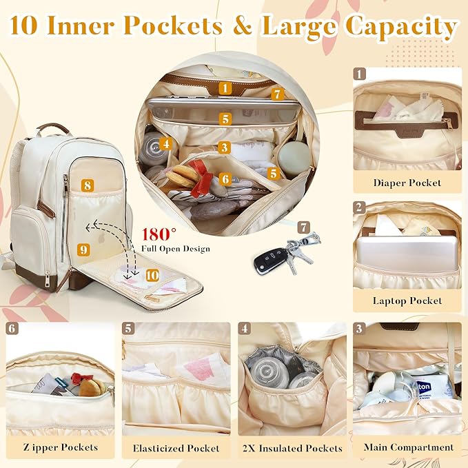miss fong Diaper Bag Backpack - Baby Diaper Bag Mommy Bag Diaper Backpack with 16 Pockets Large Capacity Travel Diaper Bag Baby Shower Gifts for Mom & Dad-Off-White