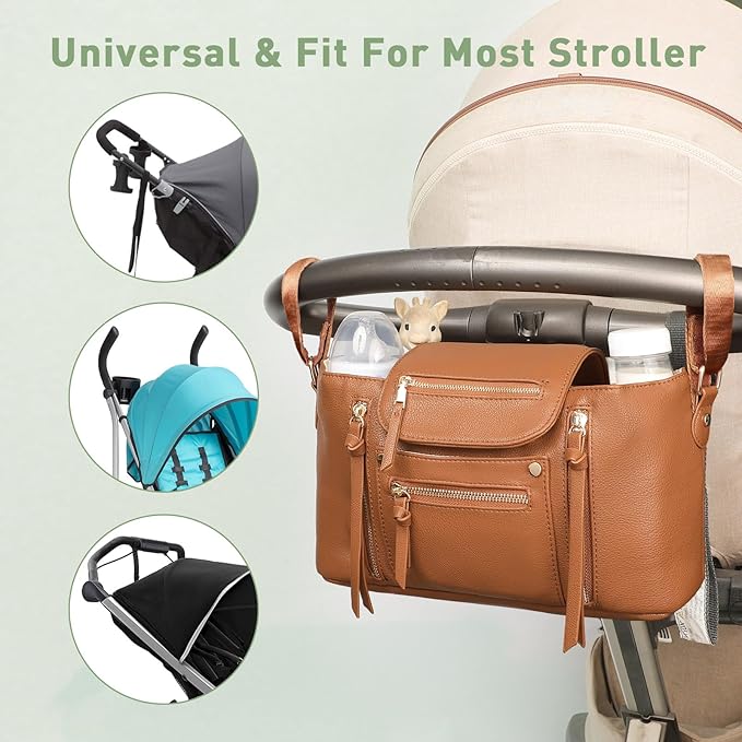 Miss Fong Stroller Organizer with Insulated Cup Holder - Stroller Accessory Bag, Caddy, Diaper Bag, Storage with Adjustable Strap (Brown)
