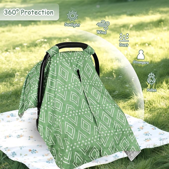 TANOFAR Baby Carseat Canopy, Peekaboo Opening Car Seat Canopy for Babies, Soft and Breathable Infant Carrier Canopy, Multi-use Baby Carrier, Stroller, Nursing Cover, Minky Blanket, Green