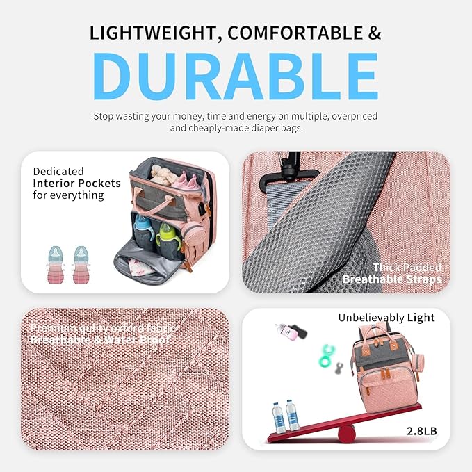KABAQOO Diaper Bag Backpack with Detachable Changing Station, Large Capacity Baby Diaper Bags for Boys & Girls, Baby Registry Search Stuff & Shower Gifts, Newborn Essentials Must Haves, Pink Grey