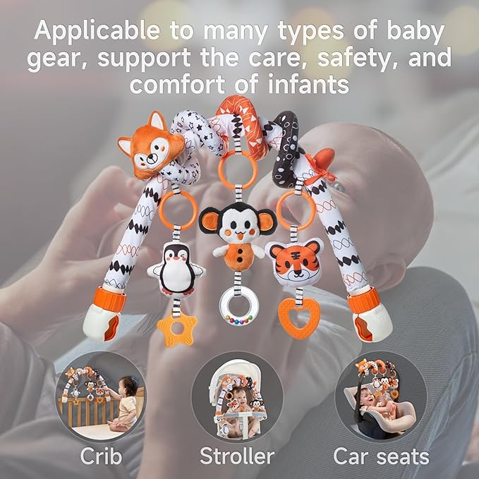 TUMAMA Black and White Baby Stroller Arch Toys, Removable Spiral Hanging Rattle Toys, High Contrast Car Seat and Stroller Toys for Baby 0 3 6 9 12 Months