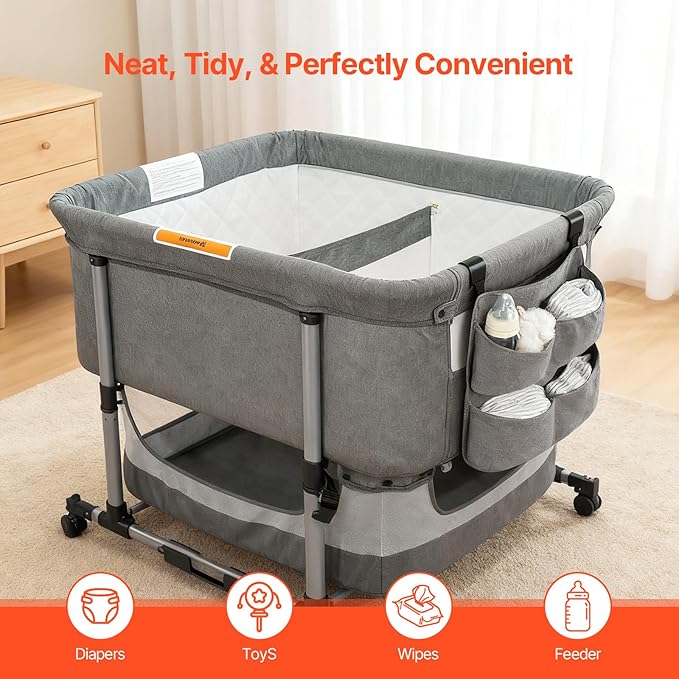 Hanging Diaper Organizer for Crib – Large Capacity Diaper Caddy Holder with 4 Deep Pockets, Diaper Bag Organizer for Changing Table,Bassinet, Stroller,Playpen accessories