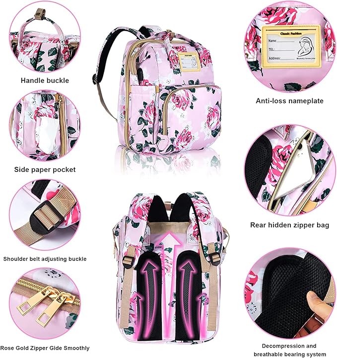 Diaper Bag Backpack with Changing Station, Foldable for Bady Toddler, 3 in 1 Large Capacity Newborn Essentials Organizer with Stroller Hook for Girls and Boys(Pink)