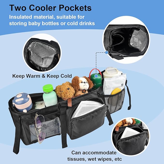 Succulentlovers Double Stroller Organizer - Caddy Compatible With Bob and Jogging Strollers, Side by Side Accessories With Cooler Pockets