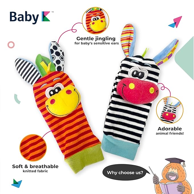 BABY K Foot Finder Socks & Wrist Rattles (Set H) - Newborn Toys for Baby Boy or Girl - Brain Development Infant Toys - Hand and Foot Rattles Suitable for 0-3, 3-6, 6-12 Months Babies