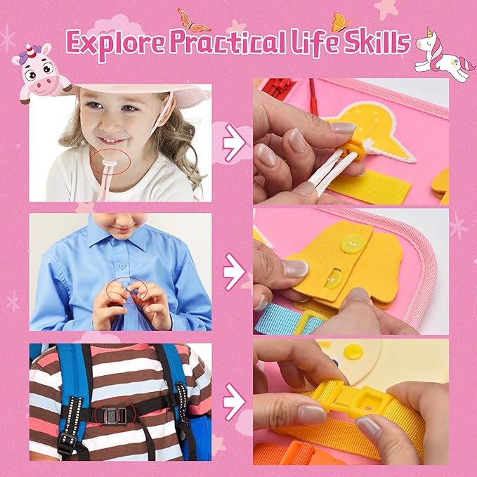 Toddler Busy Board Montessori Toys, Sensory Board Busy Book, Busy Board for Toddlers 2-4, Preschool Learning Activities with Life, Unicorns Pink, 8 Pages and 2 Pages Sensory Mats