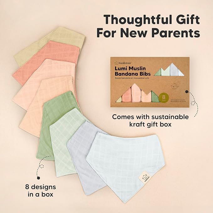 8-Pack Muslin Baby Bibs for Boys, Girls - Muslin Bandana Drool Bibs for Baby Girl & Boy, Drooling Newborn, Teething Toddler, Infant 0-36 Months, 100% Cotton Extra Absorbent & Soft (Dew)