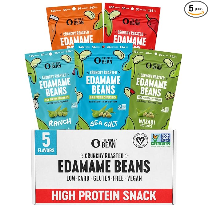 The Only Bean Crunchy Roasted Edamame Bean Snacks (5 Flavors), Healthy Snacks for Kids and Adults, High Protein Snacks, Low Carb Snack, Keto-Friendly, Gluten-Free, Vegan, 4 Ounce (Pack of 5)